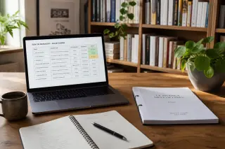 Un bureau lumineux avec un ordinateur portable affichant un tableau de suivi, un manuscrit relié, une tasse de café et un carnet, dans une ambiance studieuse et organisée.