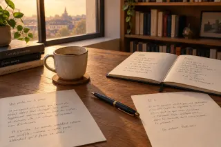 Bureau d'écrivain en fin d'après-midi, feuilles manuscrites, tasse de café à moitié vide, lumière douce de la fenêtre, ambiance studieuse et épurée.