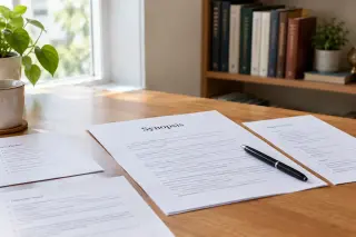 Organized wooden desk with neatly arranged papers titled 'Synopsis', a pen, bookshelf with books, and soft daylight through a window, suggesting literary work and professionalism.