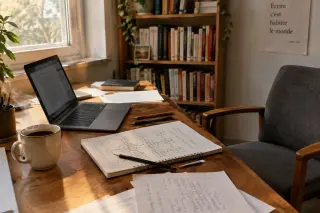 Bureau bien rangé avec ordinateur portable, carnet de notes, crayons et café, éclairé par la lumière du jour, ambiance inspirante et paisible