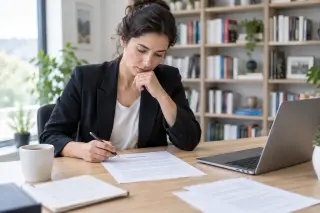 Un adulte assis à un bureau en bois clair lit attentivement un contrat, stylo en main, avec un ordinateur portable, une tasse de café et des feuilles sur la table, dans une pièce lumineuse et professionnelle.