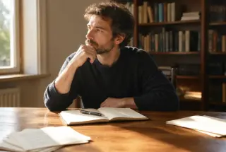 Écrivain réfléchissant devant un cahier ouvert dans un bureau, sous une lumière douce et contrastée évoquant deux rythmes narratifs.